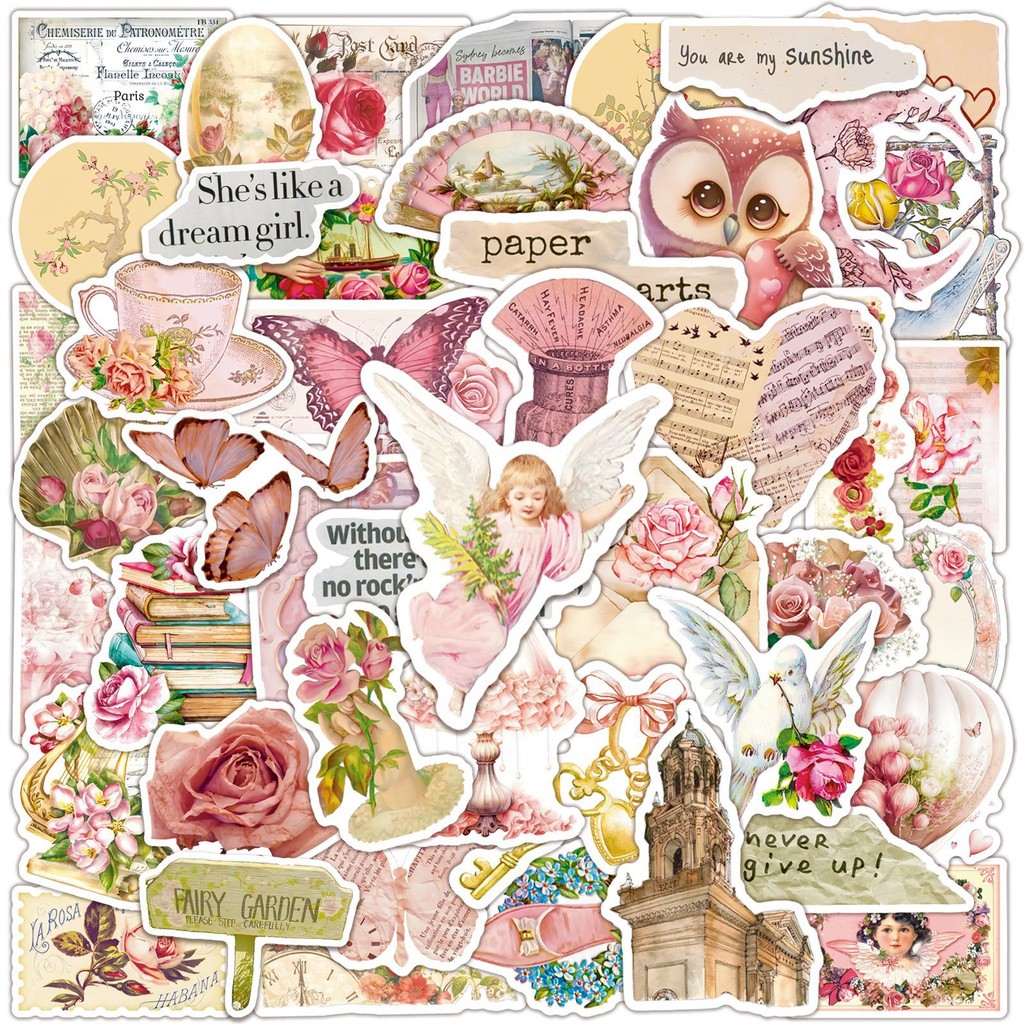 

10/25/50pcs Pink Retro Paper Pieces Stickers Graffiti for DIY Scrapbooking Phone Laptop Guitar Travel Luggage Helmet Stationery