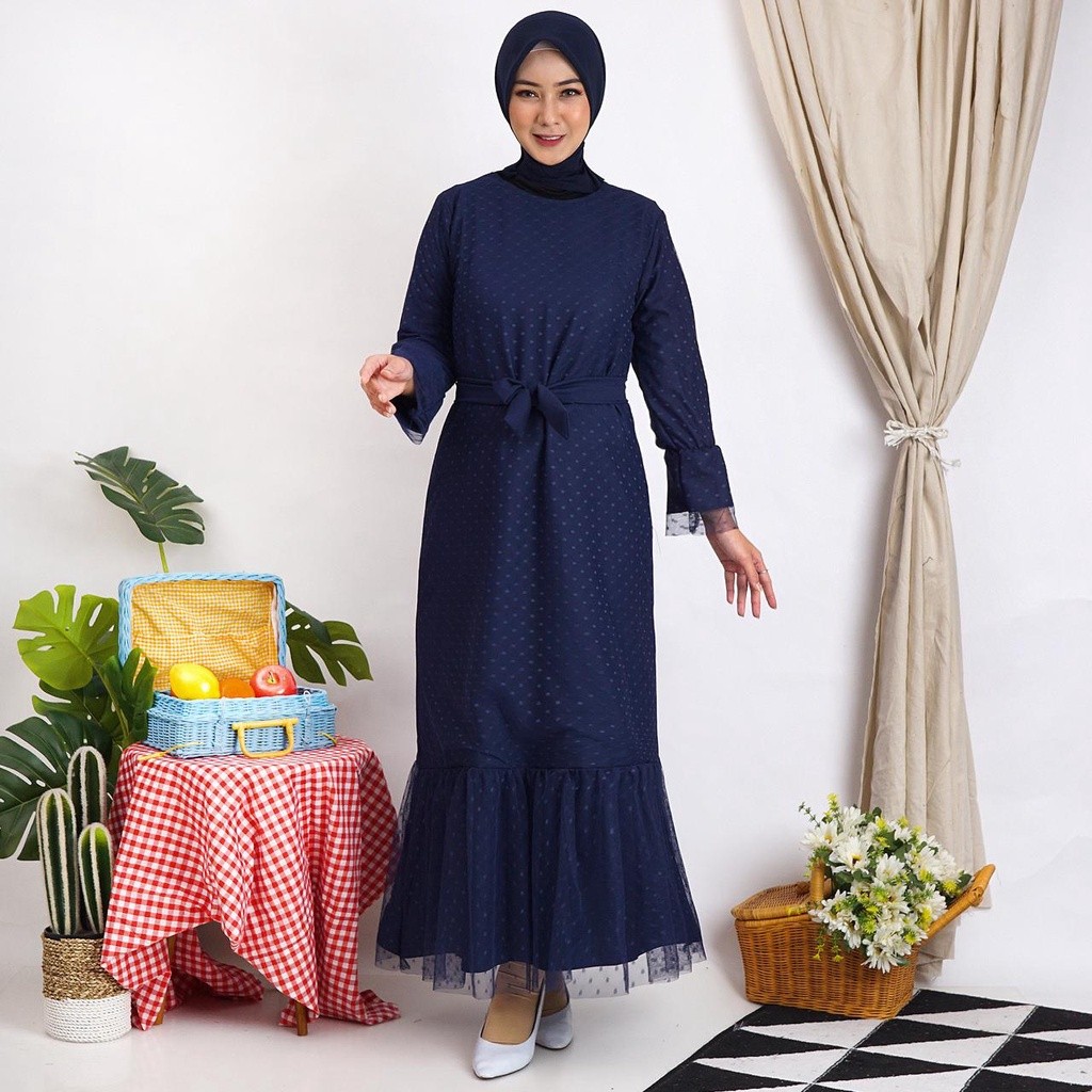 Gamis Helwa Tile Polkadot Maxi Dres Lebaran Long Dress Busana Muslim Murah