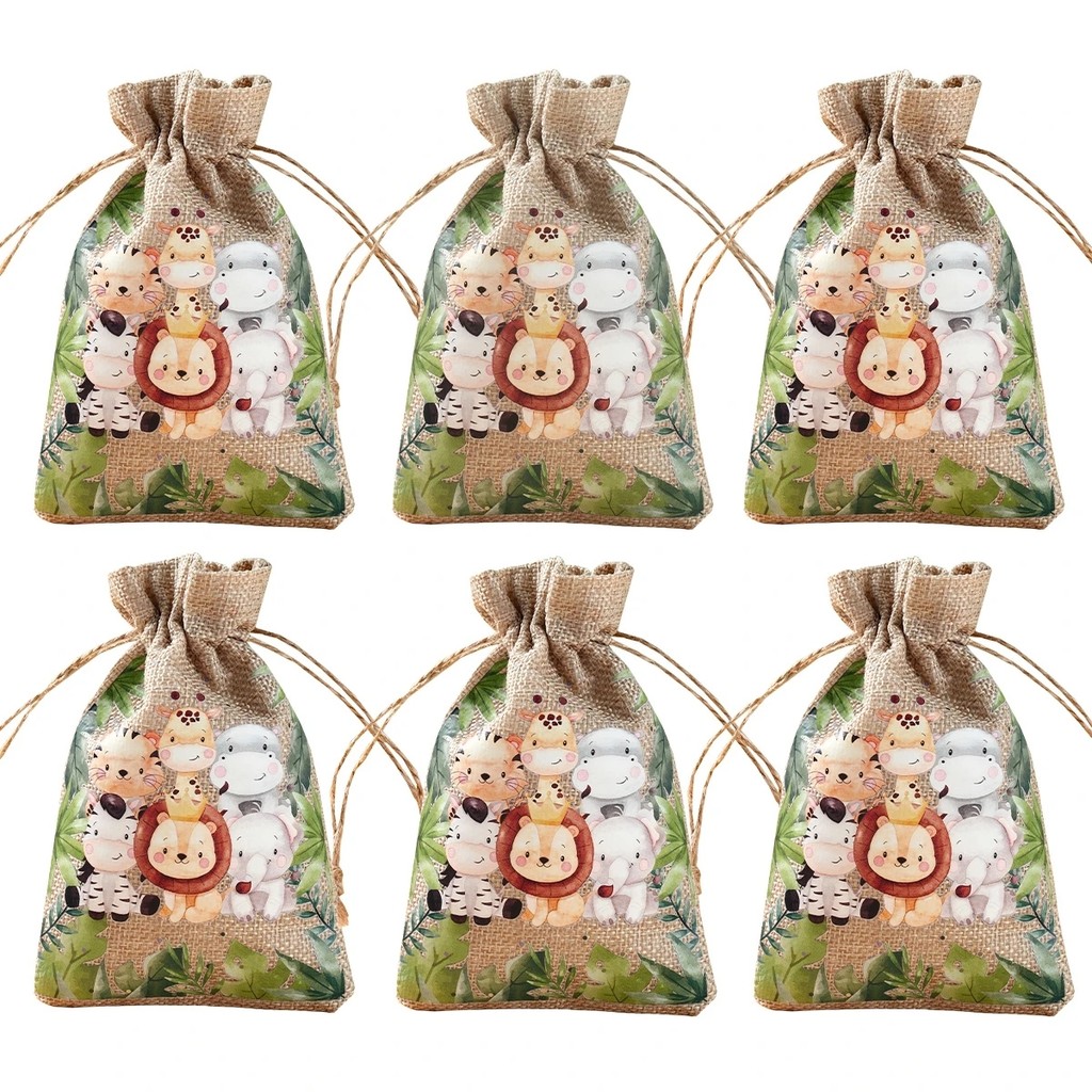 

Jungle Animals Candy Bags Wedding Party Safari Birthday Party Decoration Gift Box Jewelry Hessian Sack Pouches Packing Bags