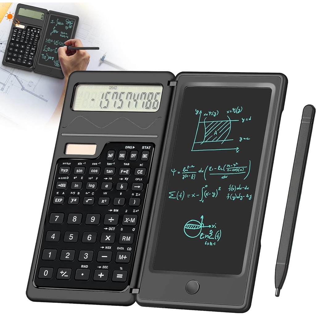 

Solar & Battery Dual Power Scientific Calculators for Students with Drawing Pad & Pen，10-Digit LCD Screen Pocket Calculator