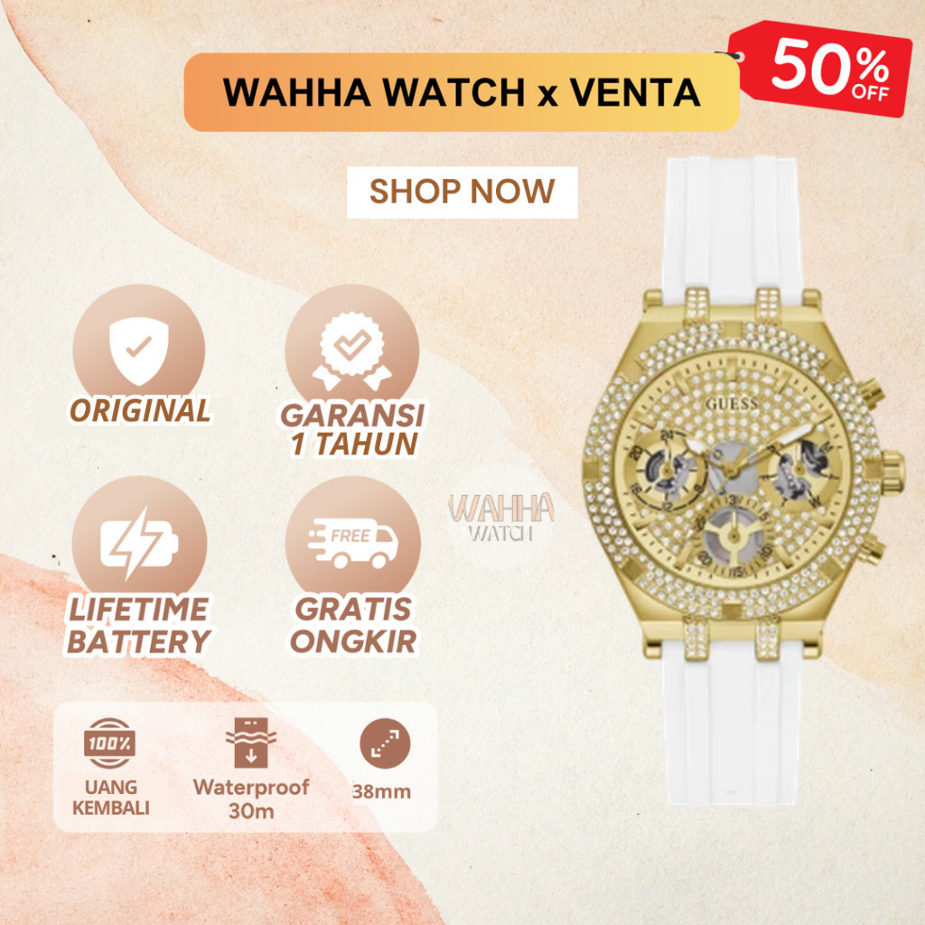 Jam Tangan Guess GW0407L2 - Gold Glitz Dial White Silicone Strap [BERGARANSI]