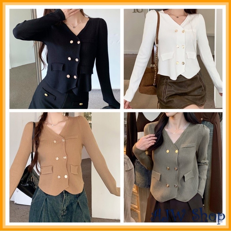 ZS23WS AJW Atasan Rajut Wanita Tweed Blazer Button Gold Variasi Kantong Knit Premium RCA | Tweed Bla