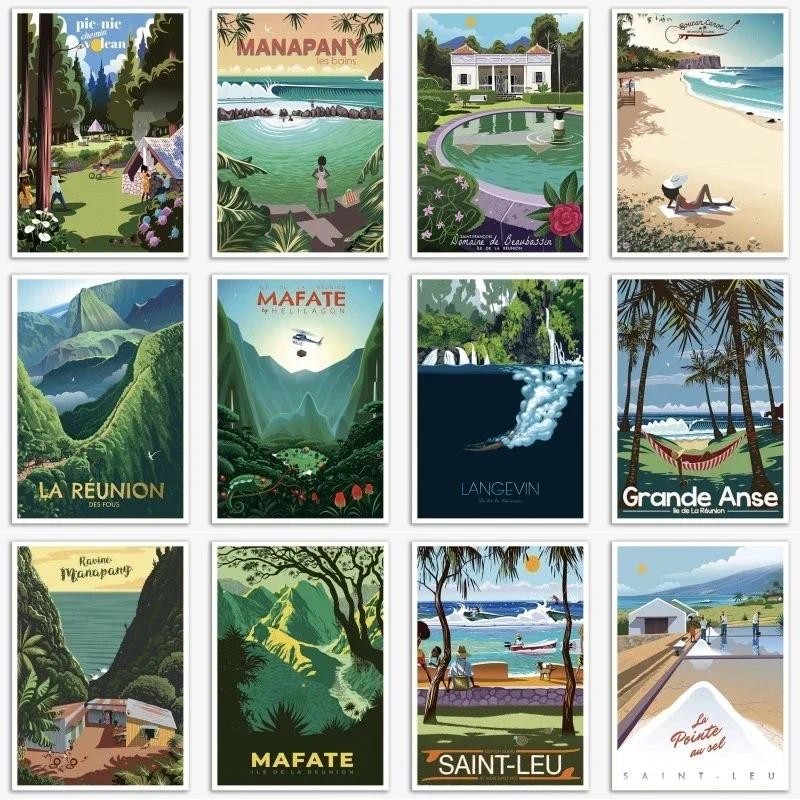 

Landscape Vintage Travel Posters and printings French Reunion Island Holiday Wall Art Retro Nostalgic/Old Canvas Paintings Decor