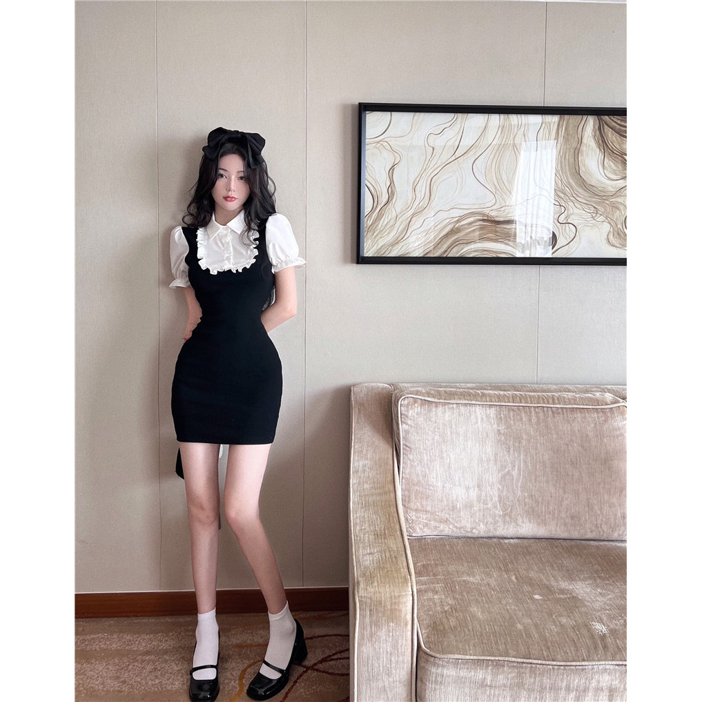 Sexy Knitted Cute Little Black Mini Dress with Fake Collar Short Sleeve - Korean Style Dress Korea H