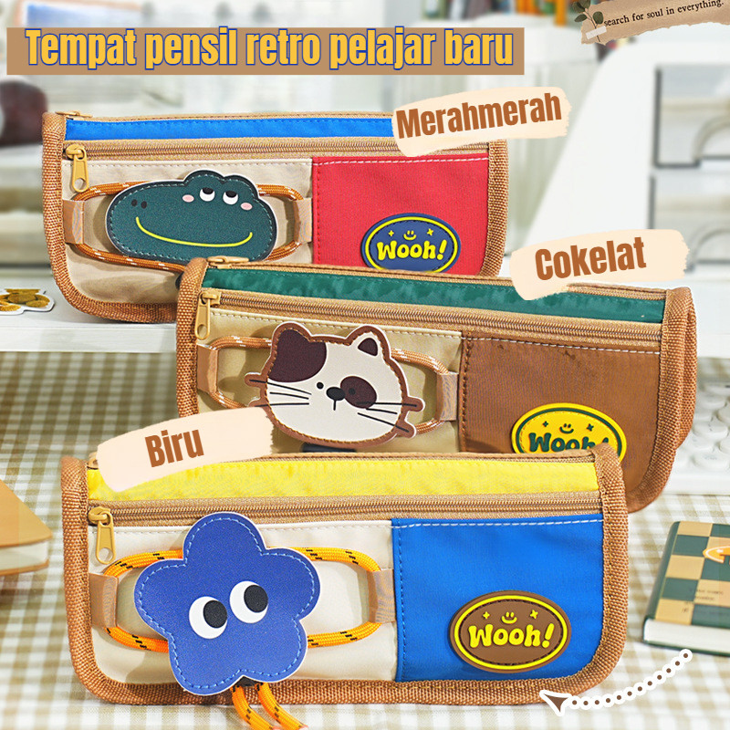 

Kotak Pensil Retro Velcro Lucu Kotak Penyimpanan Alat Tulis Multi-lapis Kapasitas Besar