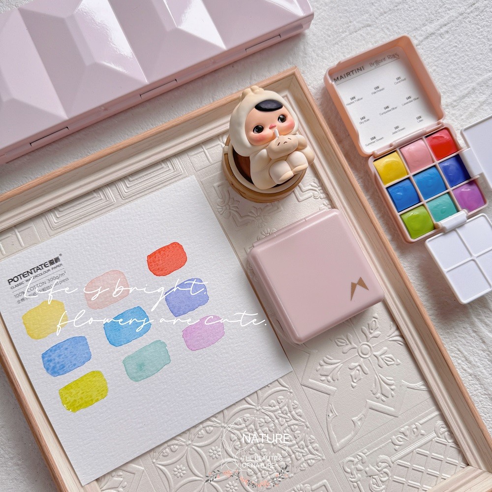 

Mairtini portable watercolor pigment set BRILLIANT RAYS solid macaron watercolor 9-color travel color palette art supplies cute