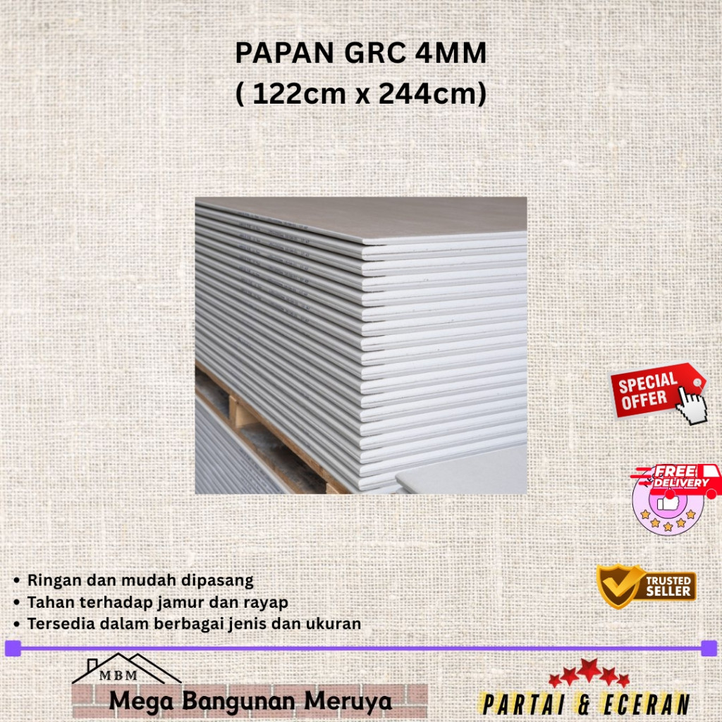 PAPAN GRC Board 4mm. 6mm. 8mm /Papan GRC (122CM x 244CM) TERLARIS