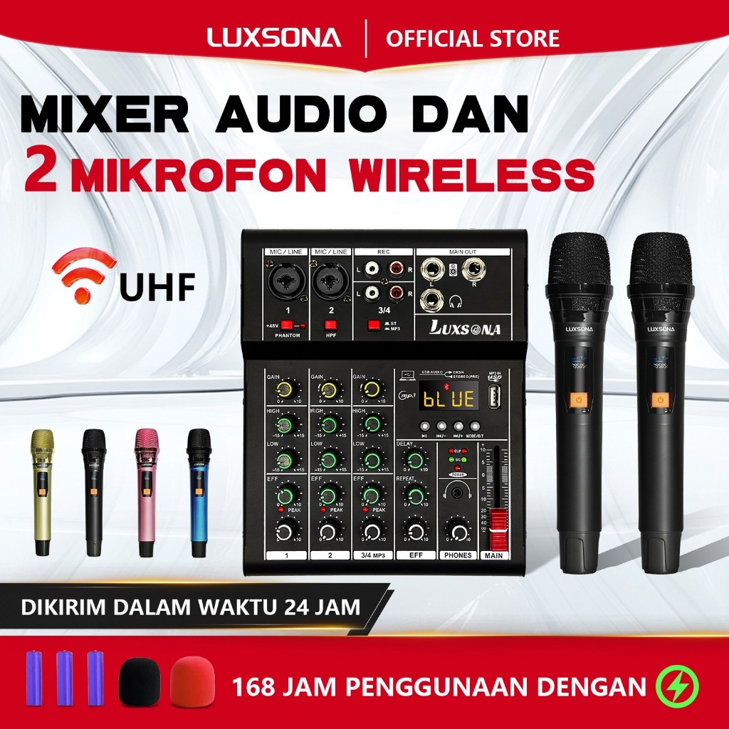 【LUXSONA】Mixer 4 chanel + 2 Mikrofon UHF/Mixer Audio/Mixer Mini/ premium Amplifier Bluetooth mikser 