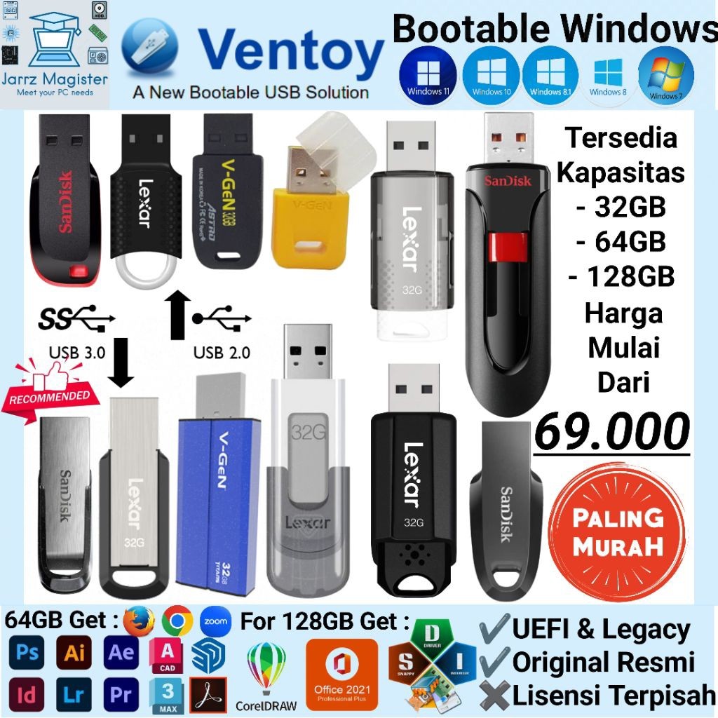 Flashdisk Bootable Windows 10 11 8.0 8.1 7 Via Ventoy Garansi Resmi | Flash drive