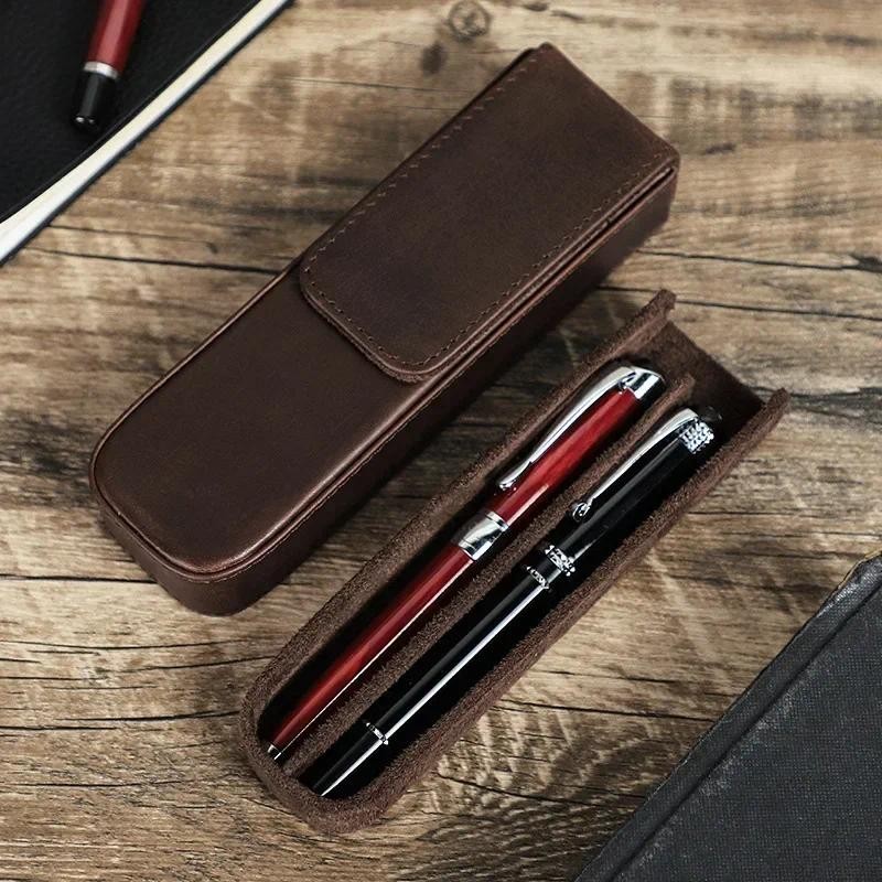 

Handmade Leather 2 Slots Pen Case For Pens Pouch Bag Retro Cowhide Office School Pencil Organizer For Office Supplies