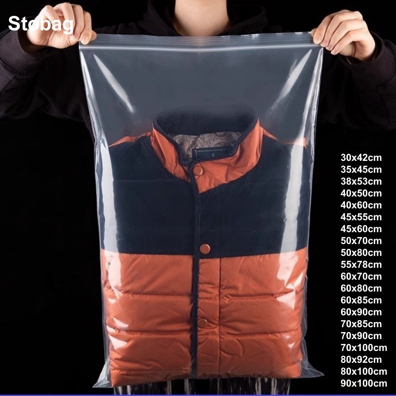

StoBag 10pcs Transparent Large Zipper Plastic Bags Clothes Food Packaging Thick Sealed Waterproof Storage Clear Pouch Wholesale