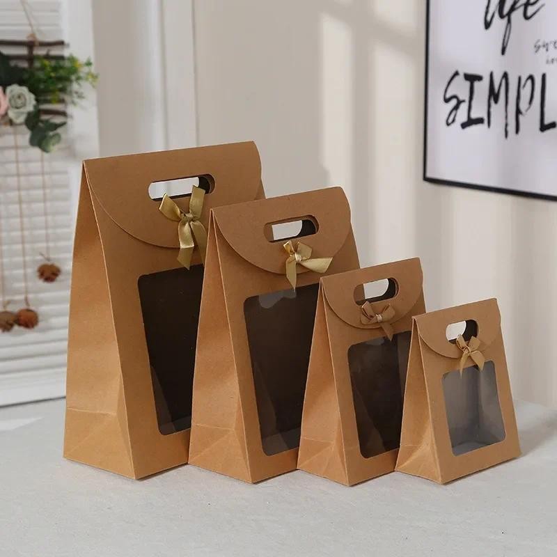 

10pcs Transparent Window Kraft Paper Bags For Wedding Birthday Baptism Home Party Candy Gift Packaging Box Baking Takeaway Bag
