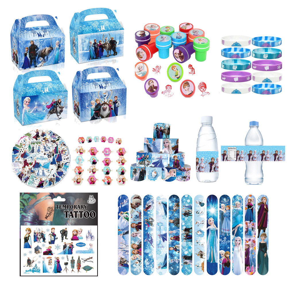 

Frozen Elsa Anna Princess Party Gift Supplies Stickers Ring Slap Bracelets Reusable Straws Stamp Paper Bags Birthday Party Decor