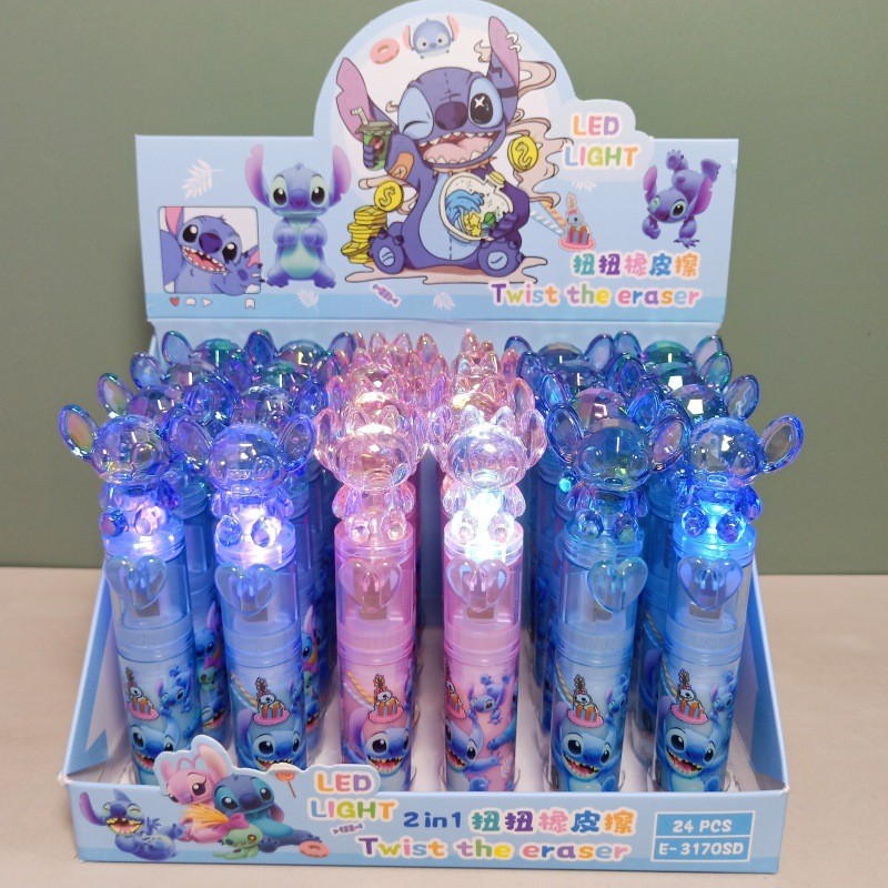 

6/24pcs Disney Stitch with light rotating eraser cute LED light lipstick shape pencil desiccating stationery gift wholesale