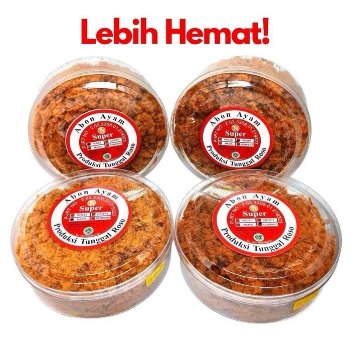 

[PAKET HEMAT] 4 Abon Ayam Super Kemasan Toples 100 Gram Rasa Crispy Manis Pedas Rendang Non MSG - Pedas