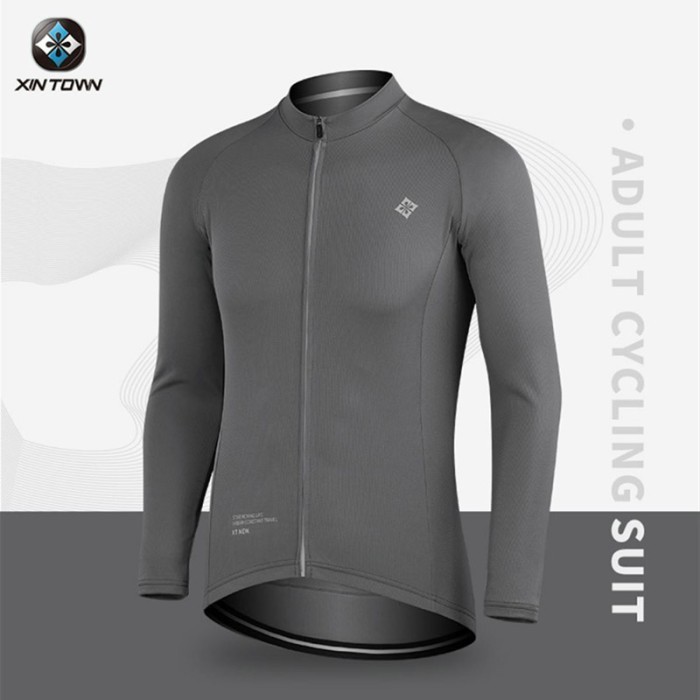 [KUALITAS TERBAIK] Xintown Baju Jersey Sepeda Lengan Panjang Roadbike MTB Polos - Abu-abu, XXL