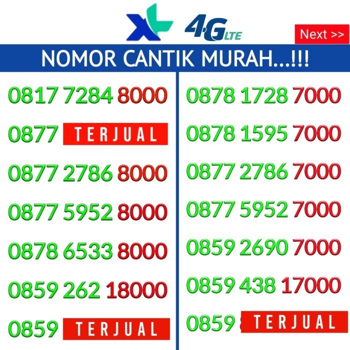 Kartu Perdana Nomor Cantik XL 4G LTE 1000 2000 7000 8000 9000