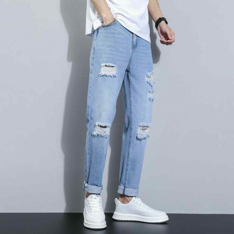 Celana jeans sobek pria yg paling kekinian- CELANA SOBEK PRIA RIPPED JEANS ROBEK STANDAR REGULER BAS