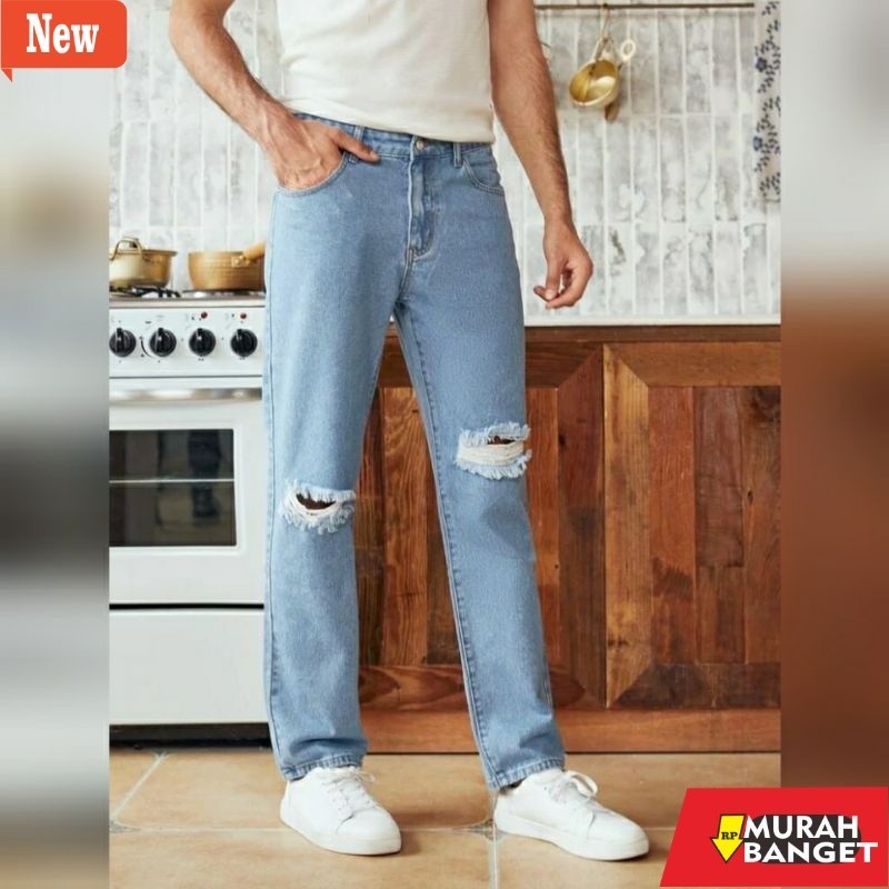 Celana jeans sobek lutut pria yg lagi viral- CELANA SOBEK PRIA RIPPED JEANS STANDAR REGULER BASIC PR