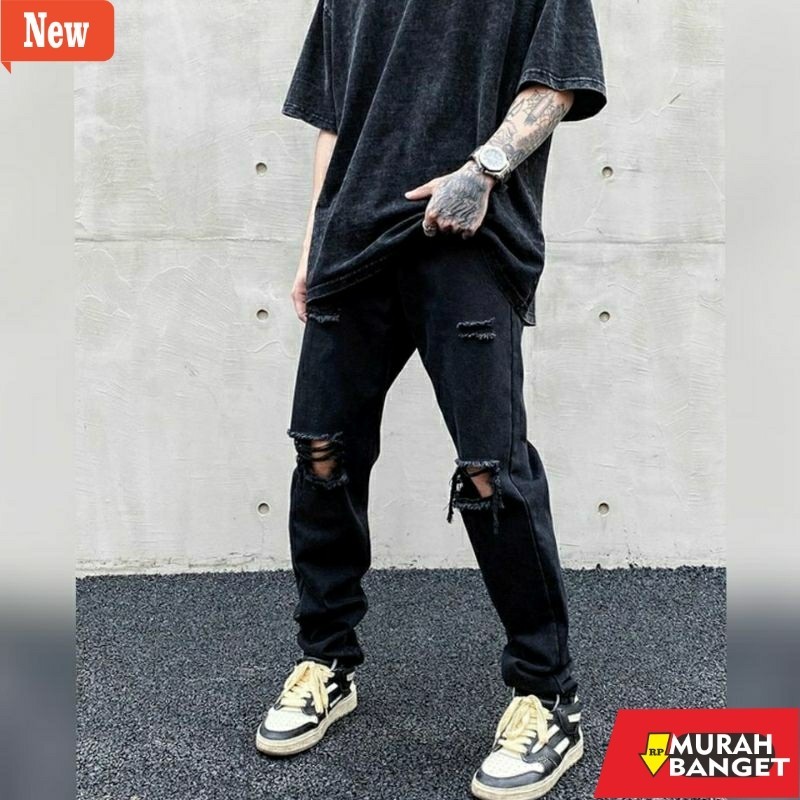Celana sobek ripped pria jeans yg kekinian- CELANA SOBEK PRIA RIPPED JEANS STANDAR REGULER BASIC JIN