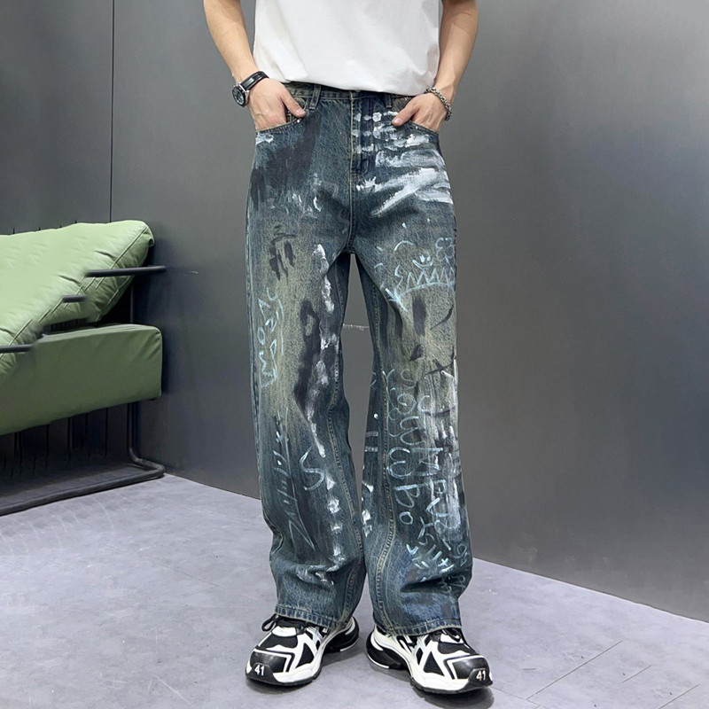 Men's Y2K Baggy Jeans Vintage Blue Loosen Fit Hand-painted Denim Harajuku Wide Leg Pants