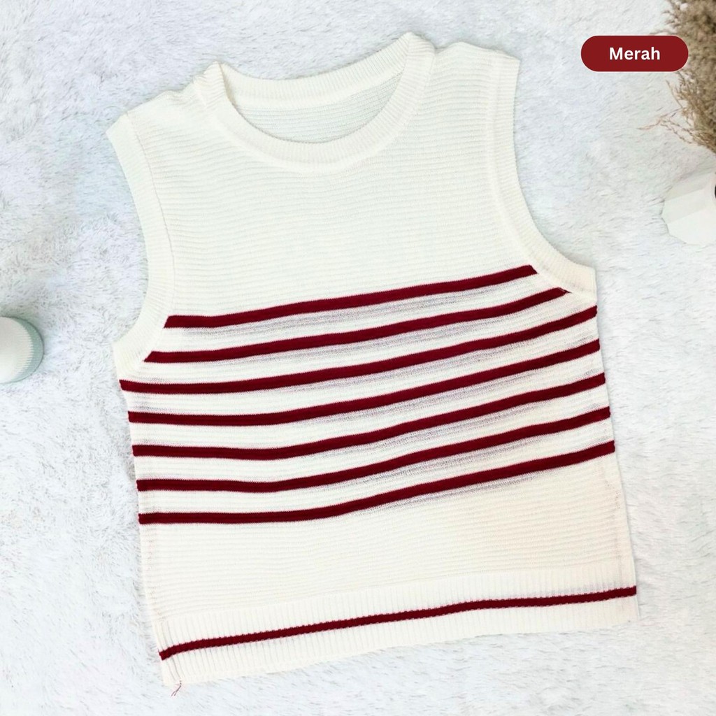 NewFashion Finley - Sweater Rompi Bergaris Tanpa Lengan Wanita Panjang Atasan Motif Garis Casual Top