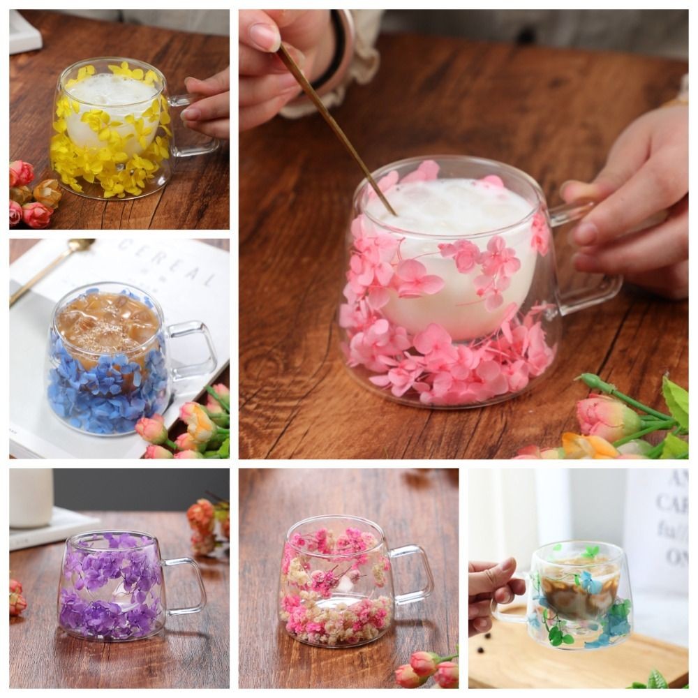 

Simulation Flower Clear Glass Cup Double-layer Coffee Milk Mugs with Handle for Cold Beverages Cappuccino Latte Cup