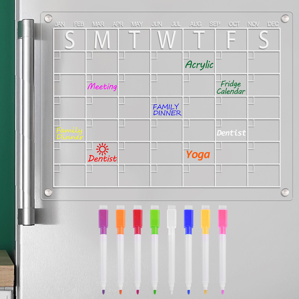 

Magnetic Fridge Calendar Acrylic Weekly Dry Erase Board Clear Magnet Monthly Planner Whiteboard 16"x12" Calendar with 8 Markers