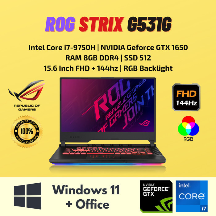 Laptop Gaming ASUS ROG Strix G531G Core i7 RAM 8GB SSD 512GB GTX 16550 Second Murah Berkualitas