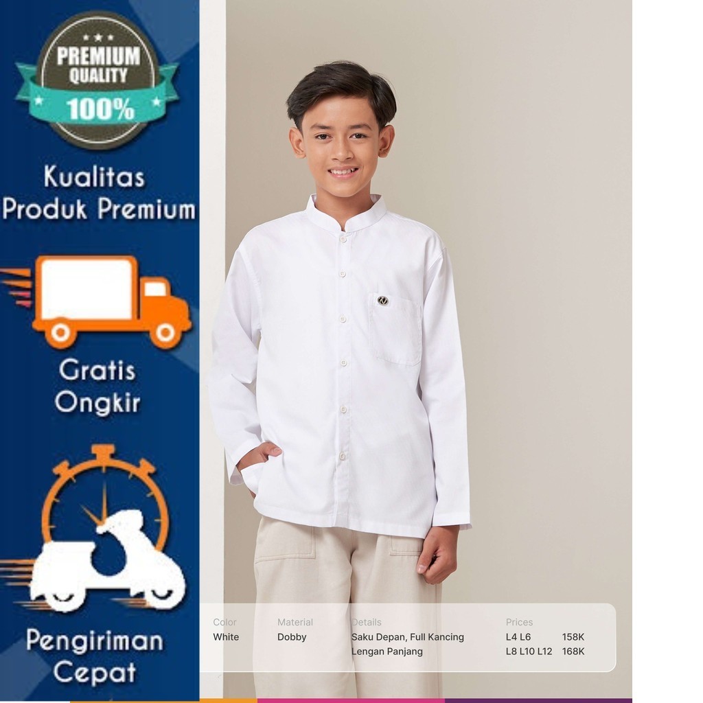 KekeGrosirJakut - Baju Koko Anak Lengan Panjang Nkca 009 Baju Polos Muslim Putih by Nibras