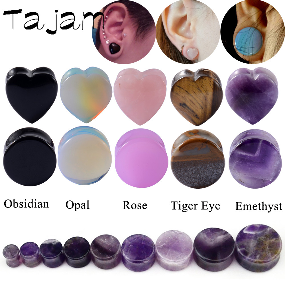 2PCS Heart Ear Plugs Natural Stone Ear Gauge Earring Flesh Tunnel Quartz Obsidian Opal Ears Expander