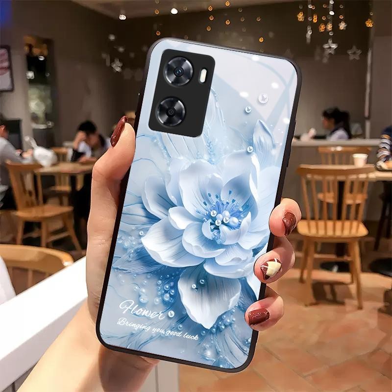 Kaca Glass Case For OnePlus Nord N20 SE Bunga Artistik Bunga Silikon Cassing Hard Case