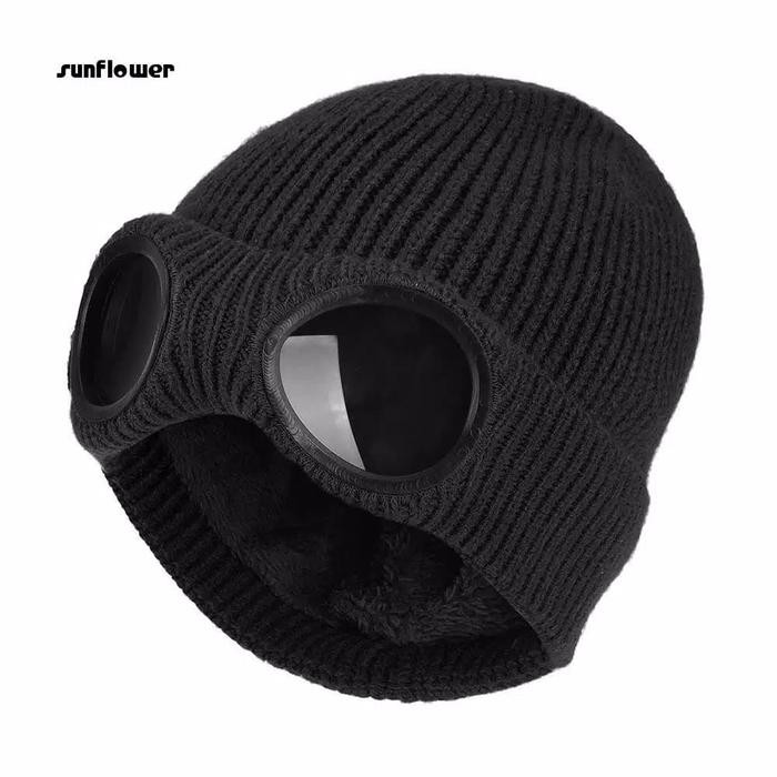 Topi Kupluk Beanie Tebal dengan Kacamata Google - Hitam