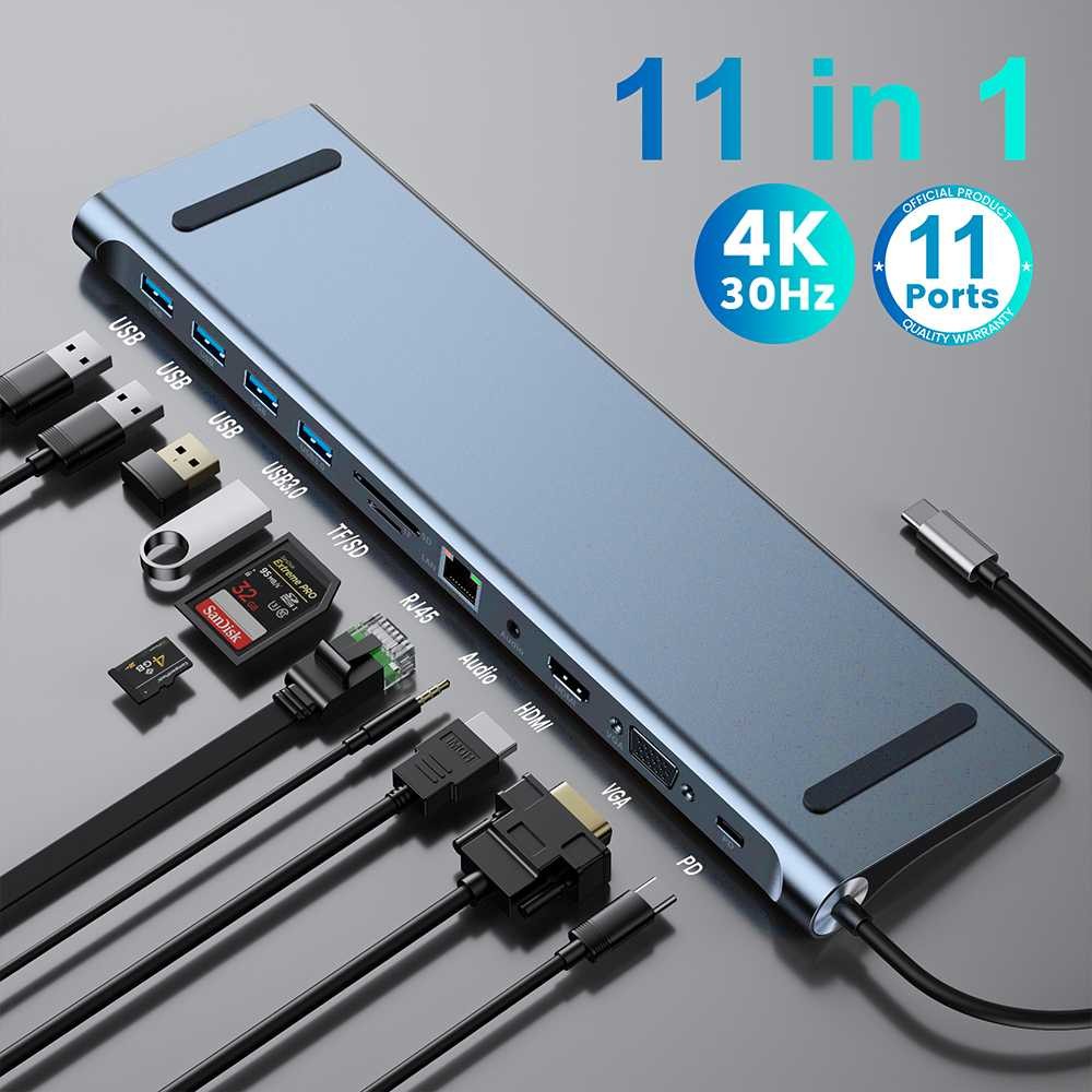 USB Hub Type C Adaptor 11in1 HDMI 4K AUX Card Reader
