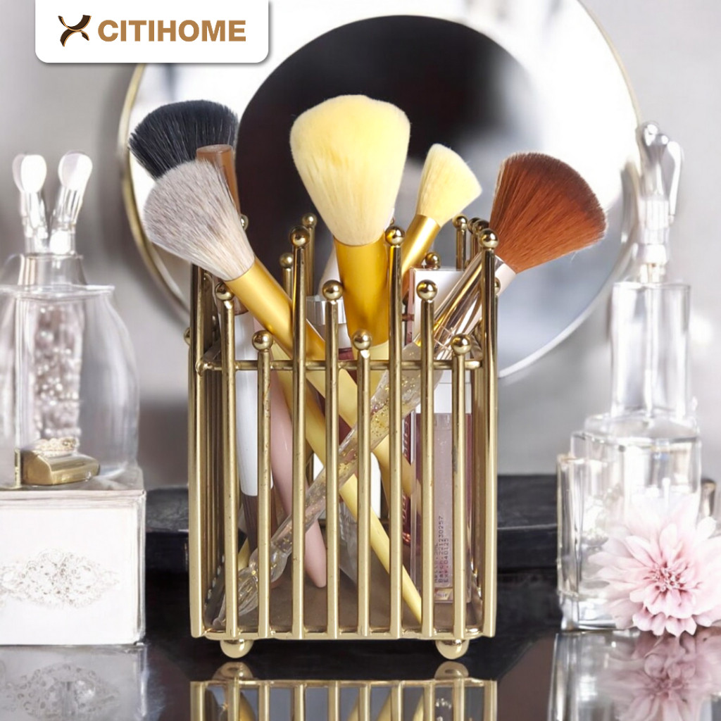 

Pen Holder dan Makeup Organizer Gold Stainless Desain Elegan untuk Dekorasi Meja Kantor dan Rumah