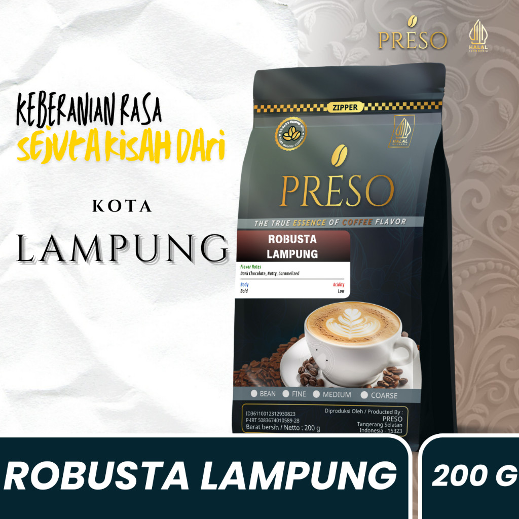 

Terlaris PRESO Biji Kopi Bubuk Robusta Lampung Coffee Roast Beans Espresso Bean Coffe 200 gram