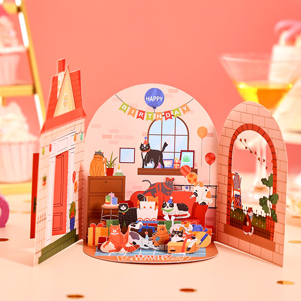 

Birthday Day Greetings Card Funny Cat Double Door Pop Up 3D Card Creative Party Postcard Birthday Gifts For Couples Parents Chil