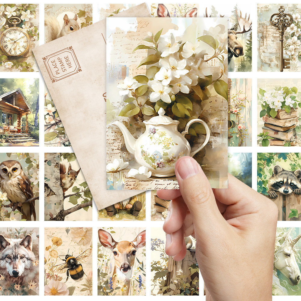 

32pcs, vintage illustration postcard set, green, suitable for birthday/anniversary gifts, collectible, giftable, and mailable.