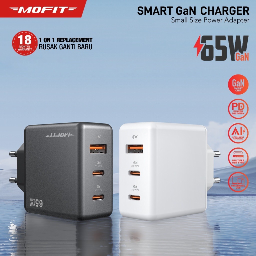 

MOFIT CPD65 GaN PD65Watt C+C+A Charger Super Fast Charging Adaptor Terlaris