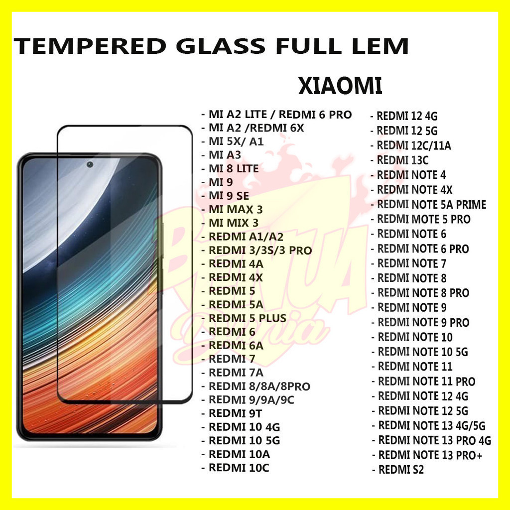 TEMPERED GLASS FULL LEM XIAOMI MI A2 LITE REDMI 6PRO MIA2 REDMI 6X MI5X MIA1 MIA3 MI 8 LITE MI 9 MI9