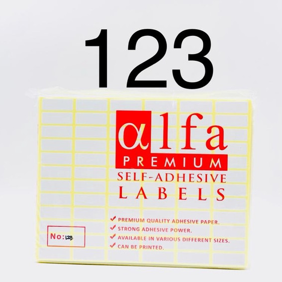 

STICKER LABEL ALFA 123 / Stiker Sticker Label Nama Undangan Harga Alfa No 123 / 11 mm x 30 mm