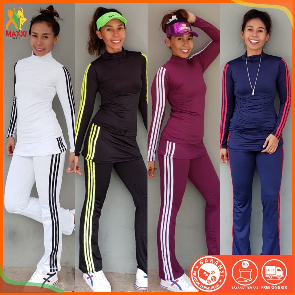 Baju Senam Setelan Outdoor Zumba Fitness Yoga Set Panjang Hijab Rok Poly (GESER Utk WARNA)TERMURAH K