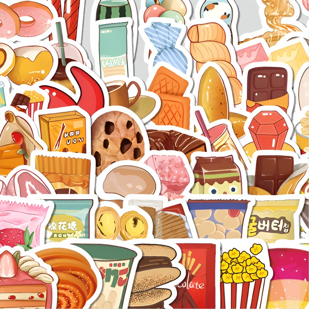 

Stiker Cutting Pack Stiker Cemilan Makanan Santai Isi 100Pcs Series Aesthetic Lucu Keren Untuk Koper Bahan Vynil
