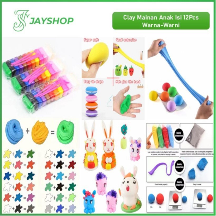 (GROSIRAN) Clay Mainan Anak Isi 12pcs Clay Warna Mainan Edukasi Anak Soft Clay Dough Lilin Super Lig