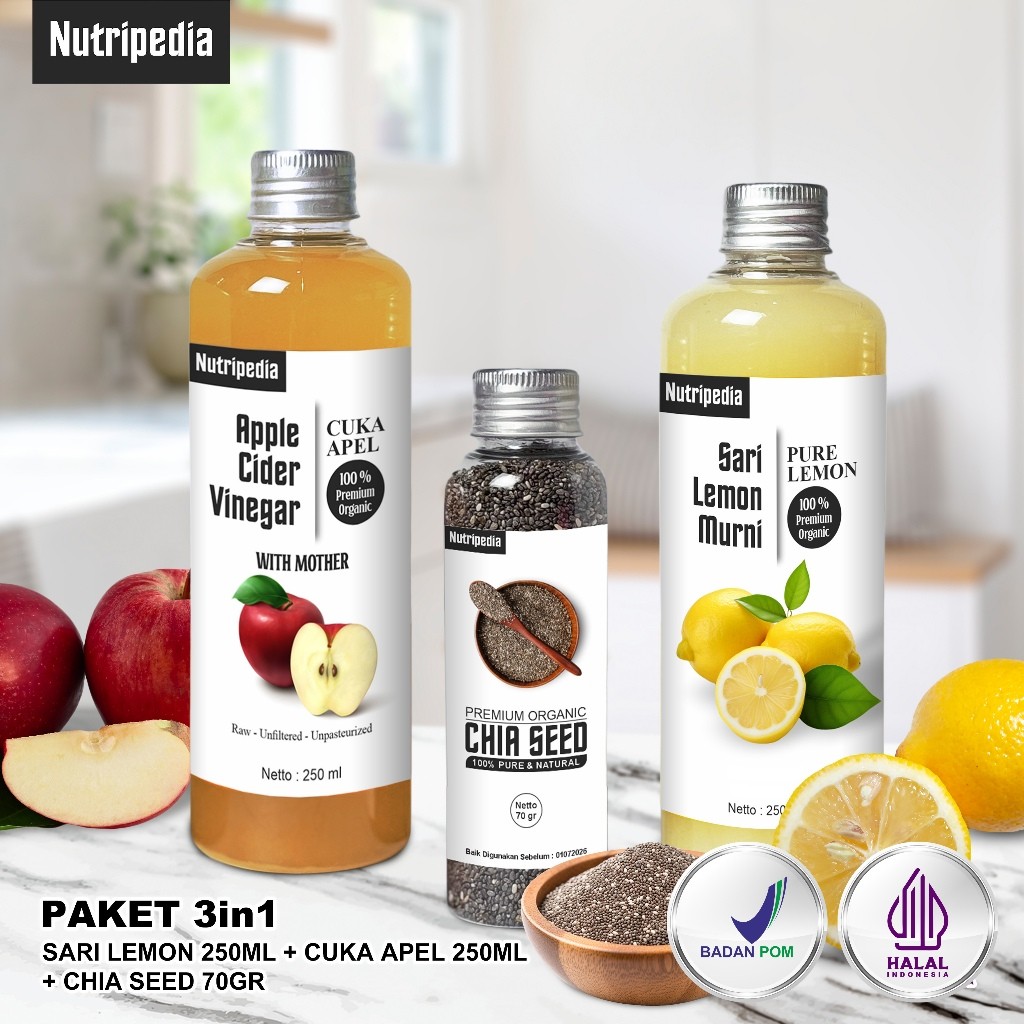 

Mekar_raya Nutripedia Paket Diet Detox 3in1 Sari Lemon 250ml, Cuka Apel 250ml, Chia Seed 70Gr
