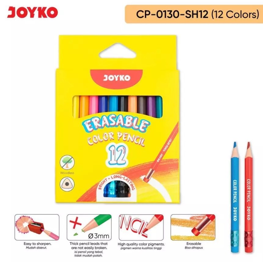 

Pensil 12 Warna Pendek Joyko CP-0130-SH12 Erasable