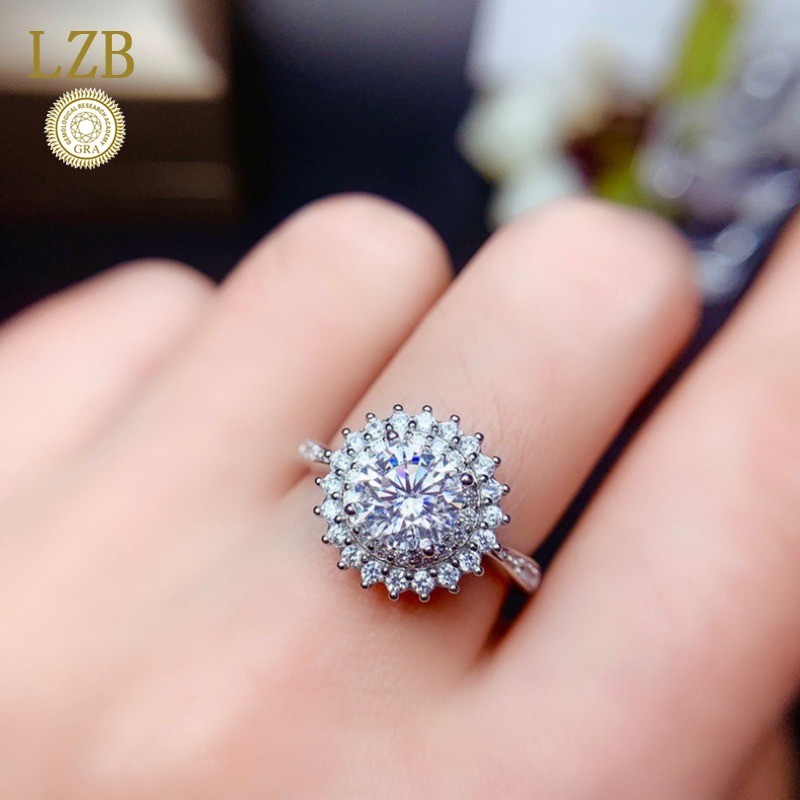 Cincin Berlian Emas Platinum Bunga Matahari Moissanite 1 Karat Wanita PT950