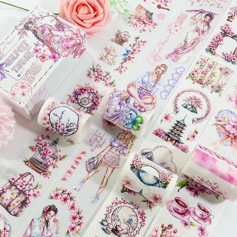 

4Pcs Sakura Lady PET Tape Pre-Cut Flower Decorations Transparent Masking Tape for Stickers Scrapbooking Journal Diary Decoration