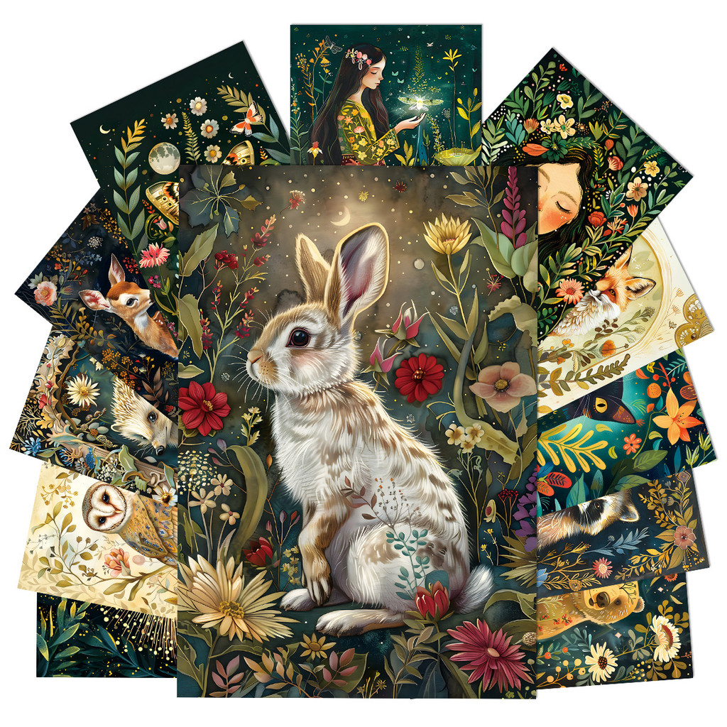 

12pcs Enchanted Midnight Woodland Animals Postcards,Floral & Fauna Greeting Cards without Envelopes,Wall Art Prints Home Decor