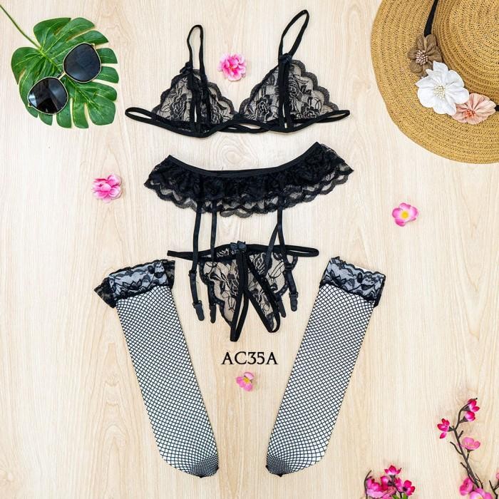 Bra Wanita Bh Cd Seksi + Stocking Sexy + Garter Belt Hitam AC35A